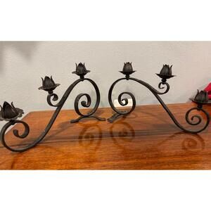 Set of 2 Vintage Wrought Iron Hand-Forged Candle Holders • Flower Candle Stand